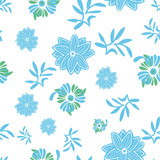 A seamless vector pastel pattern with blue and green flowers and leaves on a white background. Surface print design.