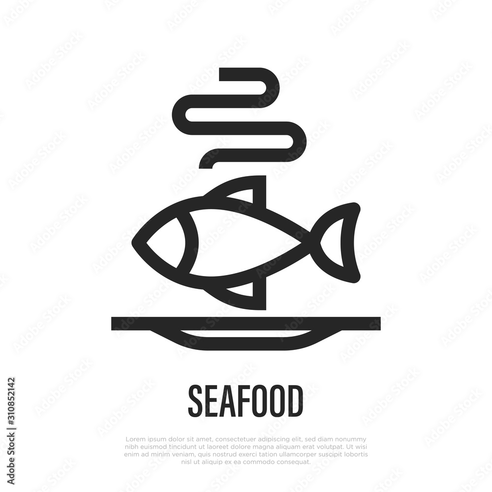 Seafood thin line icon: fish on plate. Modern vector illustration for logo. Seafood thin line icon: fish on plate. Modern vector illustration for logo.