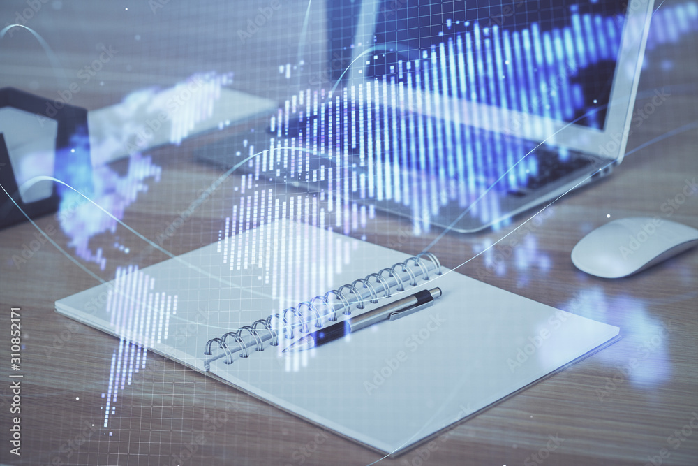 Multi exposure of business theme icons and work space with computer background. Concept of success. Multi exposure of business theme icons and work space with computer background. Concept of success.