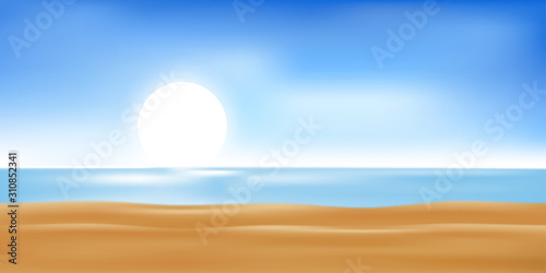 Vector Summer beach with blue ocean, sun and clear sky,Illustration Sea scape with soft bokeh sky light in hot sunny day, Blurry tropical beach with sun light. Holiday background