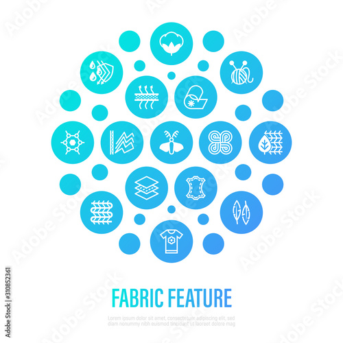Fabric feature concept. Thin line icons in circle shape: wool, synthetic, silk, antistatic, waterproof, leather, feather filler, eco-friendly, breatheable material. Vector illustration. photo
