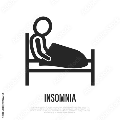 Insomnia thin line icon: tired man in bed can't sleep. Vector illustration.