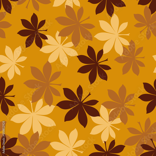 A seamless vector autumn pattern with bukeye leaves in mustard colors. Seasonal surface print design. Great or fabrics  backgrounds and stationery.