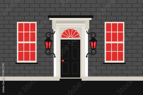 Building with red-light window and lantern - brothel, bordello and whorsehouse -  place is offering sexual service by prostitute and sex worker. Vector illustration.  photo