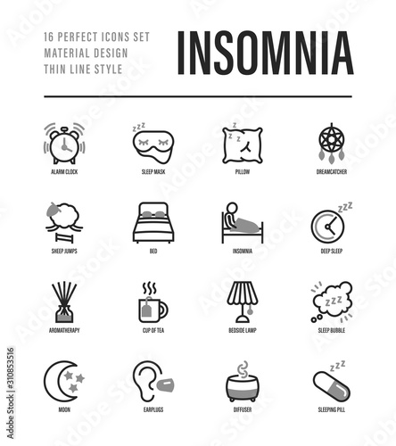 Insomnia thin line icons set. Alarm clock, sleeping mask, comfortable pillow, dreamcatcher, earplug, aroma diffuser, pills, sromatherapy, sheep jumping, tired man in bed. Vector illustration.