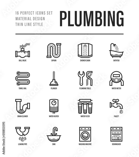 Plumbing thin line icons set. Water meter, bathtub, sink, water filter, faucet, washing machine, dishwasher, siphon, shower cabin, pipe, ball valve. Vector illustration.