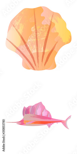Marine set of Watercolor Vector Tropical Fish, Seaweed Coral Algae and Jellyfish Underwater Watercolor Vector illustration