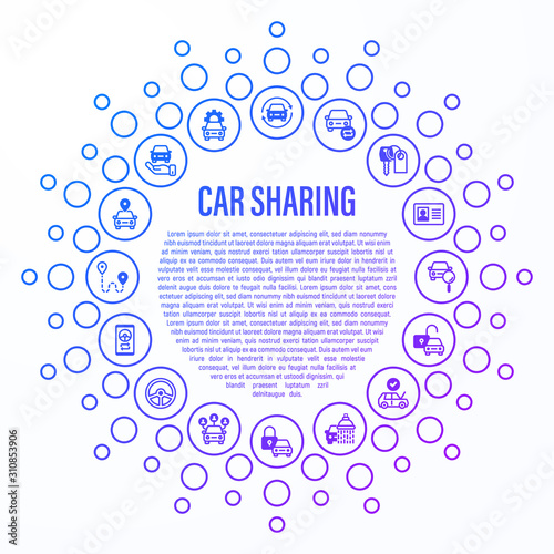 Car sharing concept in circle shape. Mobile app on smartphone, driver license, toute, key, car inspection, route, open and close car, sync thin line icons. Vector illustration.