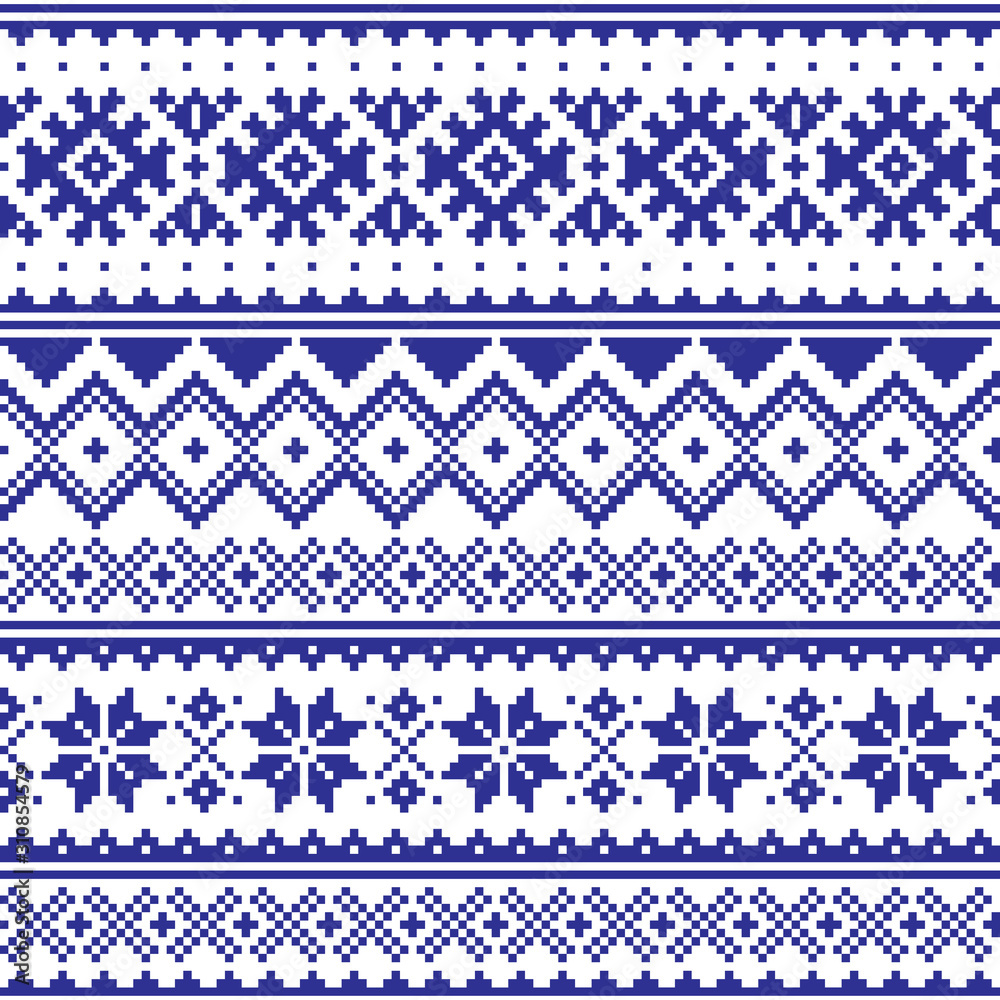 Winter vector seamless navy blue pattern with snowflakes and geometric shapes, Christmas ornament inspired by Sami people, Lapland folk art design, traditional knitting and embroidery Winter vector seamless navy blue pattern with snowflakes and geometric shapes, Christmas ornament inspired by Sami people, Lapland folk art design, traditional knitting and embroidery