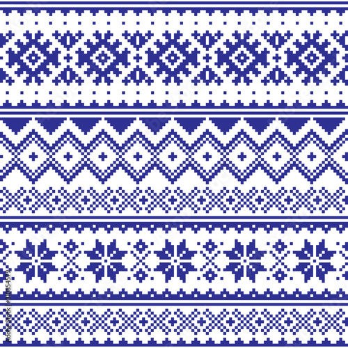 Winter vector seamless navy blue pattern with snowflakes and geometric shapes, Christmas ornament inspired by Sami people, Lapland folk art design, traditional knitting and embroidery