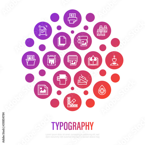 Typography, polygraphy concept in circle shape. Thin line icons: printing, scanning, flexography, offset, roll paper, color palette, lamination, heat transfer printing, embossing. Vector illustration.