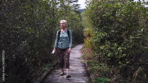 Pretty, blonde, mature woman takes a photos with her smartphone of Cranberry Glades Botanical Area boardwalk. photo