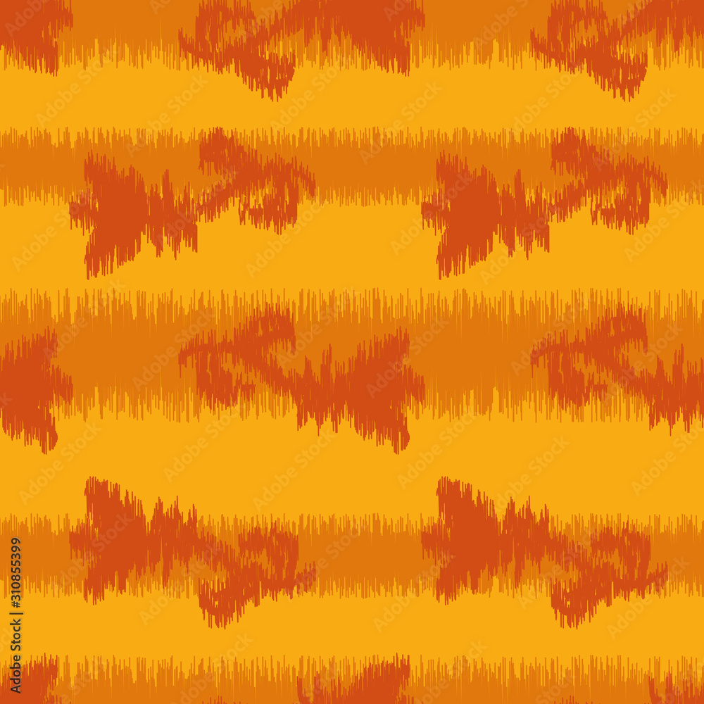 A seamless vector ikat pattern with orange stripes and flowers. Bright surface print design.