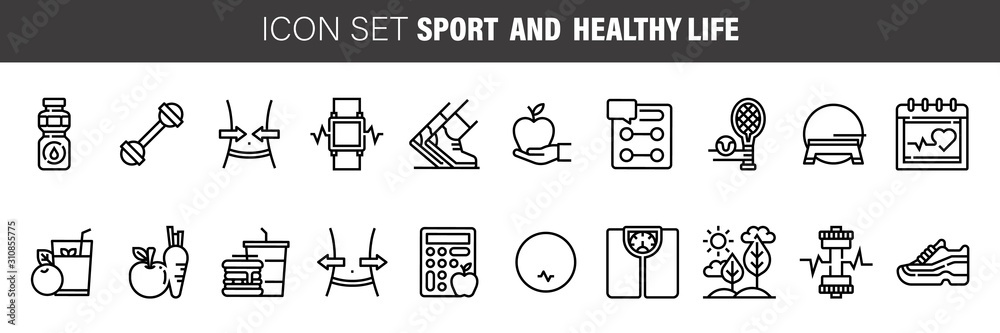 Fototapeta premium Set vector line icons in flat design running, Healthy Food and Diet with elements for mobile concepts and web apps.