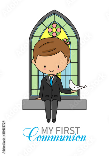 First communion card. Boy with dove