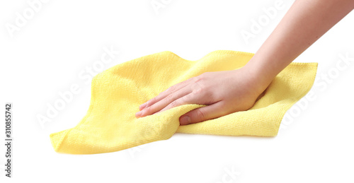 Hand with cleaning cloth isolated.