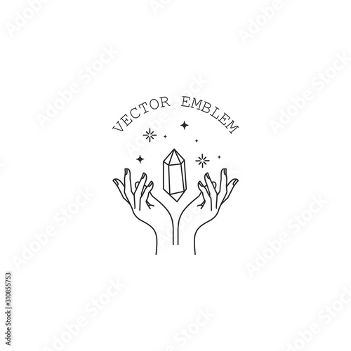 Vector emblem design in trendy linear minimal style. Hands with diamond - symbol for cosmetics, jewellery, beauty products