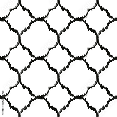 A seamless vector geometric ikat pattern with black quatrefoils on a white background. Unisex classic surface print design.