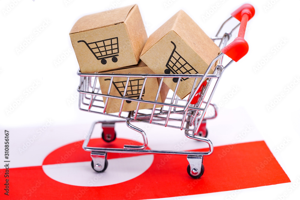 Box with shopping cart logo and Greenland flag : Import Export Shopping online or eCommerce finance delivery service store product shipping, trade, supplier concept..