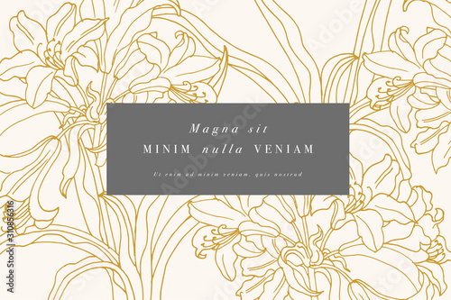 Vintage card with lily flowers. Floral wreath. Flower frame for flowershop with label designs. Summer floral lily greeting card