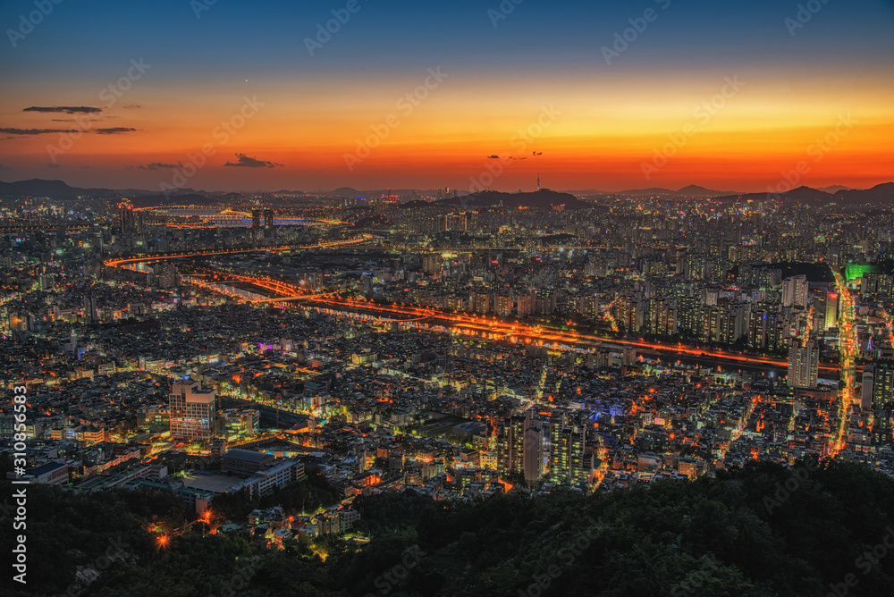 Seoul City Downtown Skyline at night of Korea. Mt.yongmasan.