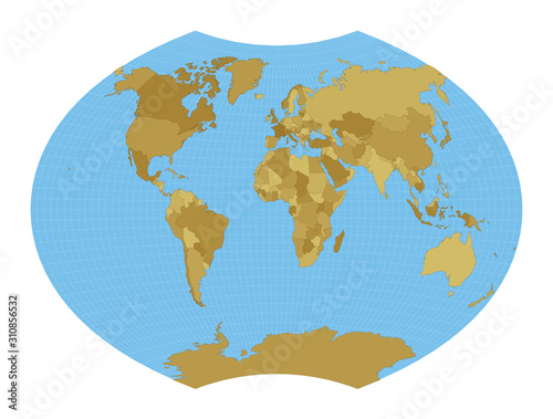 World Map. Ginzburg VI projection. Map of the world with meridians on blue background. Vector illustration.