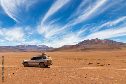 Altiplano, Bolivia.10-29-2019. Four wheels drive car for the transportation of tourists on the altiplano in Bolivia.