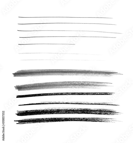 pencil and marker. Long thin and thick traces of pencil. Black-white illustration isolated on white. Raster stock illustration.
