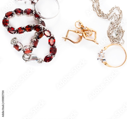 Jewelry with the ruby stones on the white
