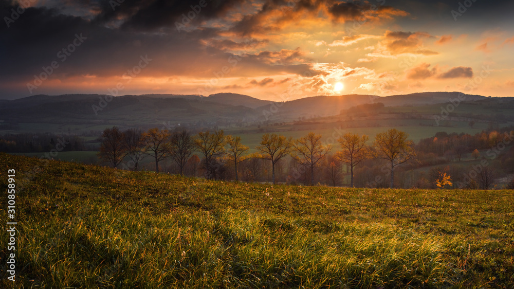 Autumn sunset landscape at Lower Silesia/Poland