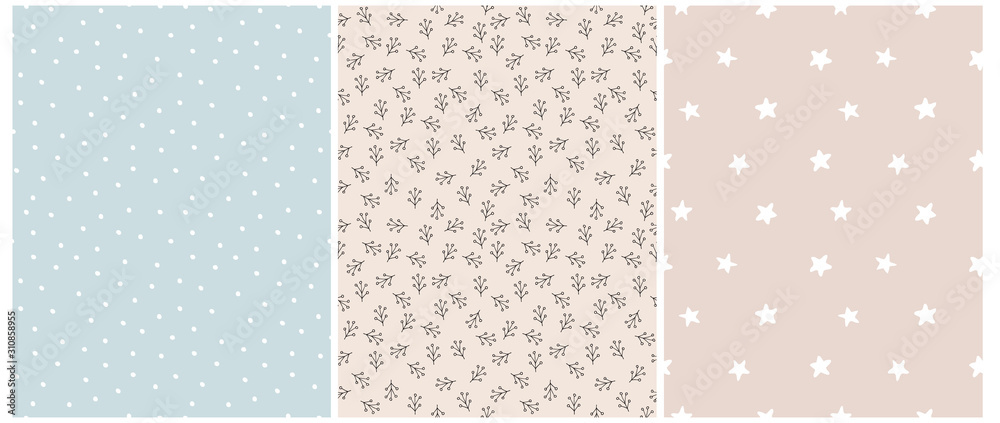 Seamless Irregular Vector Patterns with White Hand Drawn Stars, Dots and Abstract Twigs Isolated on a Blue and Blush Pink Background.Simple Geometric and Floral Prints for Fabric,Cover,Wrapping Paper.