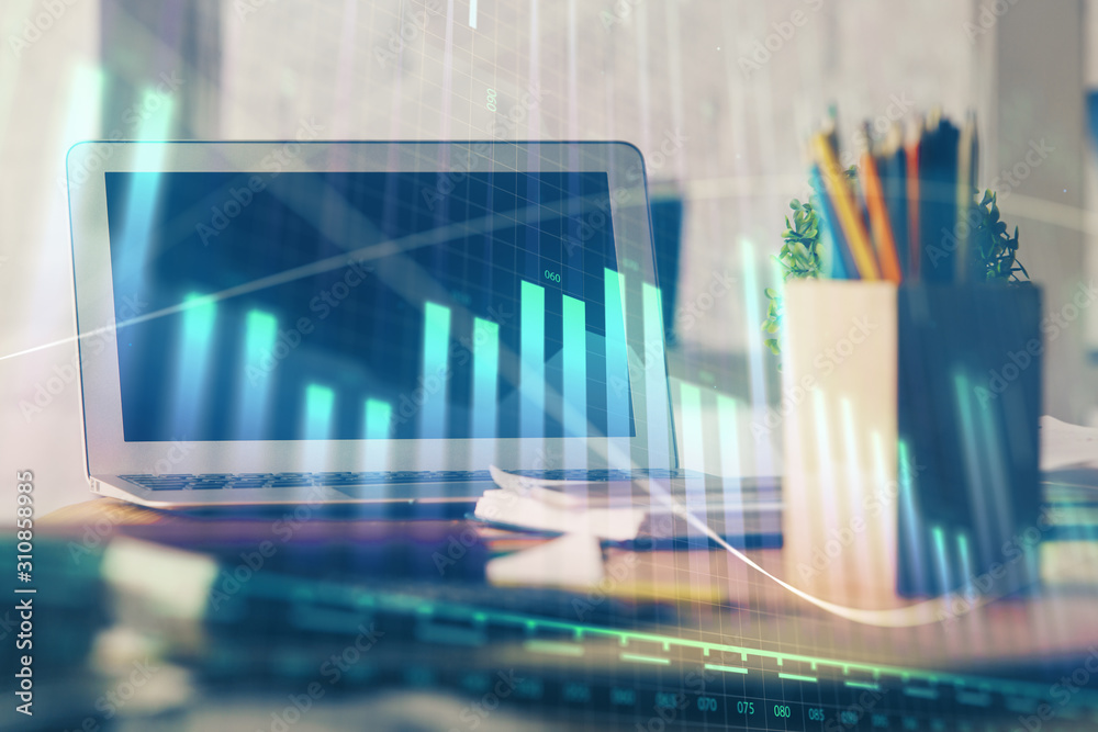 Stock market graph on background with desk and personal computer. Multi exposure. Concept of financial analysis. Stock market graph on background with desk and personal computer. Multi exposure. Concept of financial analysis.