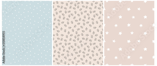 Seamless Irregular Vector Patterns with White Hand Drawn Stars, Dots and Abstract Twigs Isolated on a Blue and Blush Pink Background.Simple Geometric and Floral Prints for Fabric,Cover,Wrapping Paper.