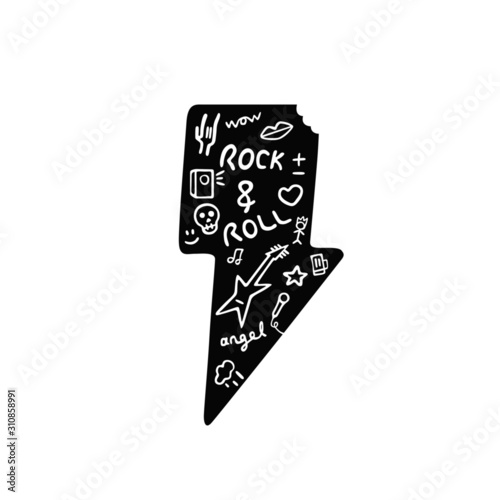 Monochrome rock music print in doodle style/ Rock and roll lettering for tee print, banner, poster