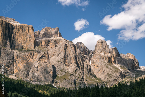 Summer view of Sella Towers and Piz Boè from Passo Pordoi, Canazei, Dolomites, Italy