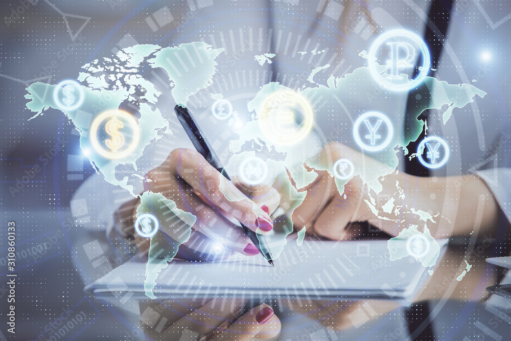 Double exposure of hands making notes with forex chart huds. Stock market concept. Double exposure of hands making notes with forex chart huds. Stock market concept.