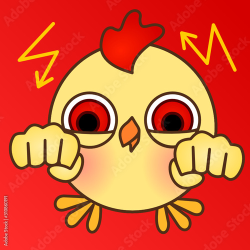 Emoticon with a funny red-eyed chick who stands and threatens with two fists on an isolated background with lightning bolts, color simple vector emoji