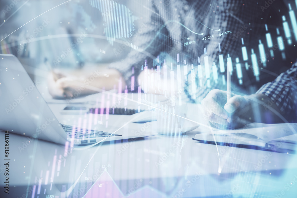 Multi exposure of forex chart with man working on computer on background. Concept of market analysis. Multi exposure of forex chart with man working on computer on background. Concept of market analysis.