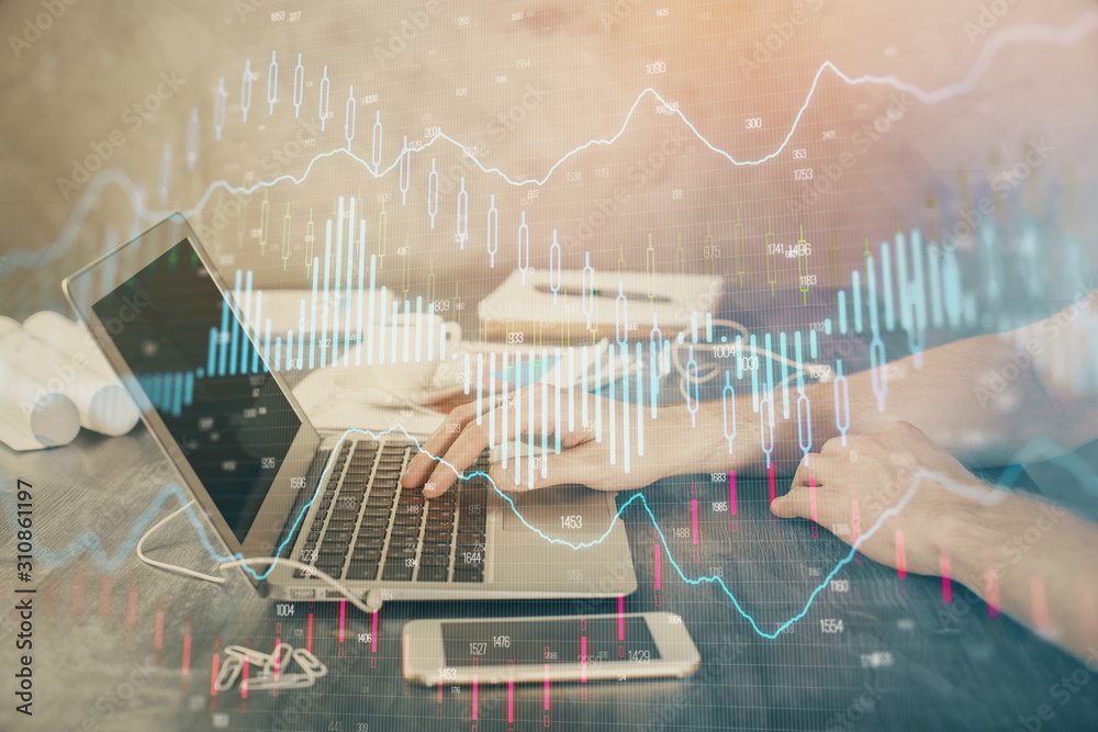 Double exposure of forex chart with man working on computer on background. Concept of market analysis. Double exposure of forex chart with man working on computer on background. Concept of market analysis.