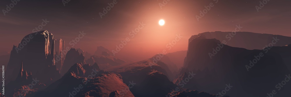 Panorama of an alien landscape at sunset, the surface of Mars in the sun, 3D rendering. - obrazy, fototapety, plakaty 