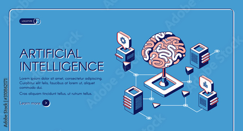 Artificial intelligence isometric landing page human brain surrounded with cubic shape AI processor chips with digital neurons network. Future innovation 3d vector illustration, line art web banner