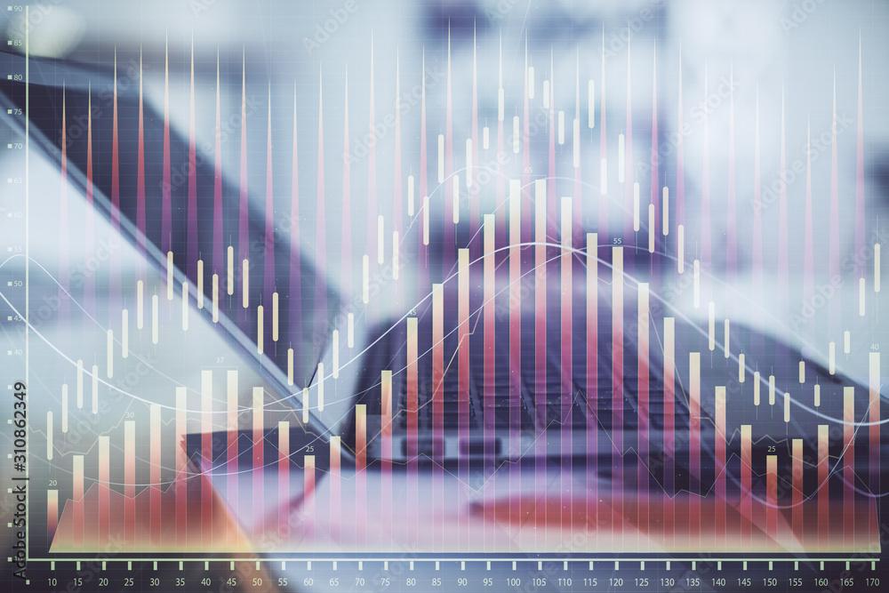 Forex graph hologram on table with computer background. Double exposure. Concept of financial markets. Forex graph hologram on table with computer background. Double exposure. Concept of financial markets.