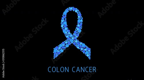 Colon cancer awareness animation. Blue ribbon made of dots on white background. Rectum disease medical concept. Seamless loop motion graphics with alpha channel.