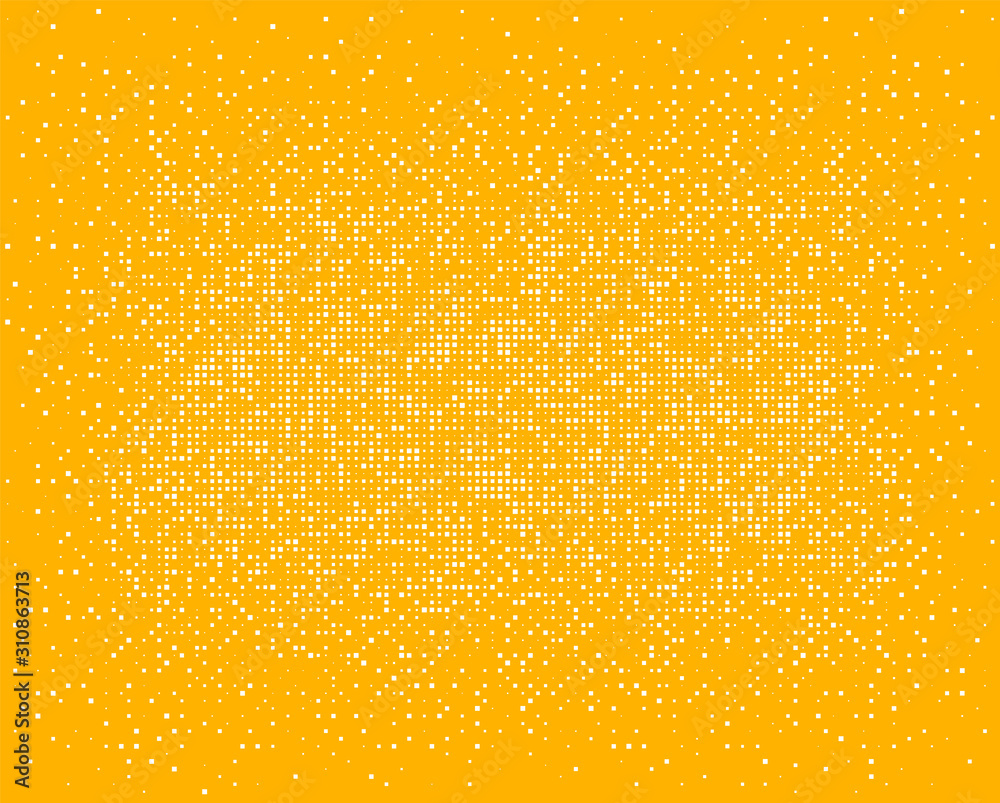 White halftone pixels dissolve, on an orange background. chaotic squares. Vector abstract illustration background.