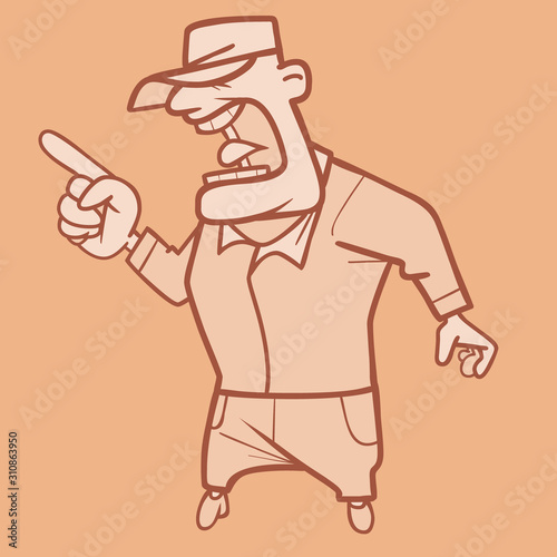 cartoon strict male trainer screaming threatening finger in brown tones