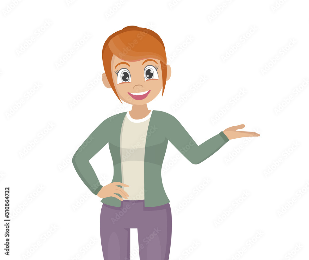 Girl pointing hand to introduce something.  woman presenting hand to copy space.