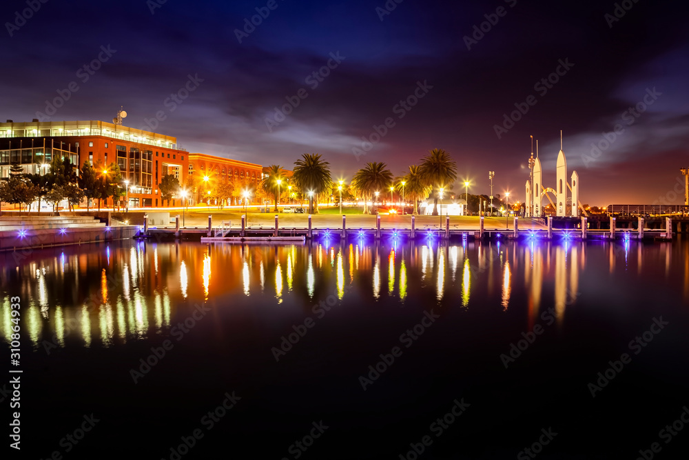 Geelong waterfront twilight featuring Deakin University Geelong and the famous Cunningham Pier entry archway