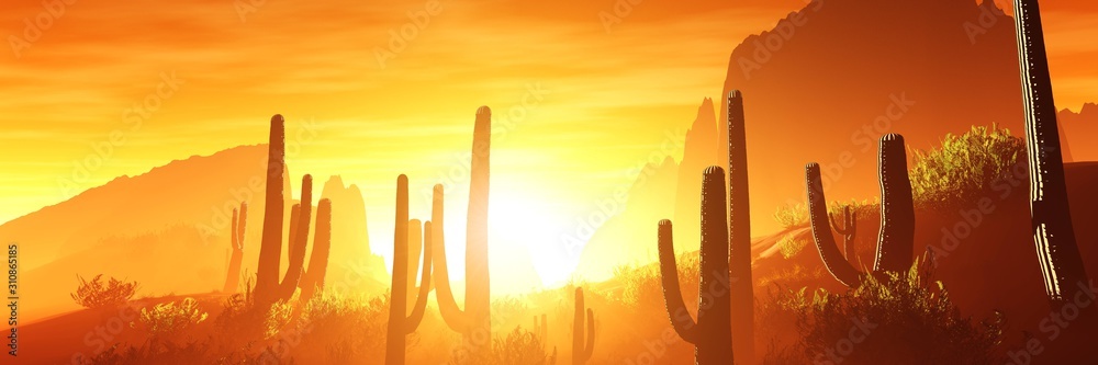 Fototapeta Arezona z kaktusami o zachodzie słońca, renderowania 3d.