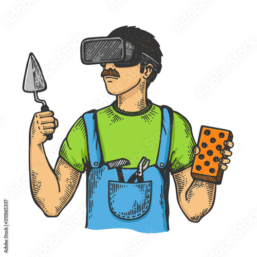 Builder in virtual reality helmet sketch engraving vector illustration. T-shirt apparel print design. Scratch board imitation. Black and white hand drawn image.