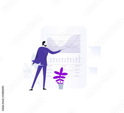 Business metaphor.  business man in a suit next to profitability charts Compare with your trade model. Commerce enterprise. Leader skills taking to a new level your company. Isolated